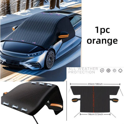 Four-Season Protection, Oxford Cloth Snow & Windshield Cover, Extra-Large Size, Sturdy and Frost-Resistant / 6-Magnet Oxford Cloth Front Shield + Side Window Cover + Windproof Straps + Orange Reflective Strip