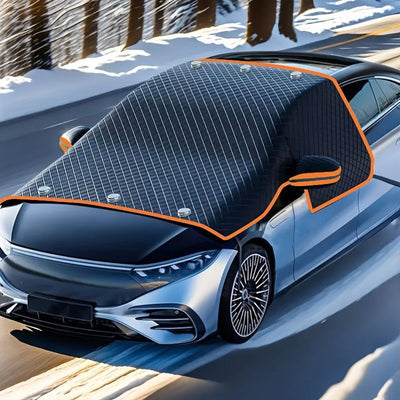 Multi-Vehicle Compatible, Four-Season Protection, Oxford Cloth Snow & Windshield Cover, Extra-Large Size, Sturdy and Frost-Resistant / 6-Magnet Front Shield + Side Window Cover + Windproof Straps + Upgraded Orange Edge Trim, 4 Straps