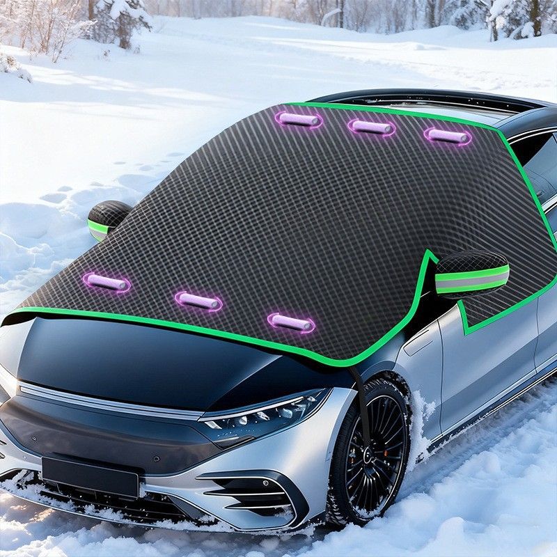 Multi-Vehicle Compatible, Four-Season Protection, Oxford Cloth Snow & Windshield Cover, Extra-Large Size, Sturdy and Frost-Resistant / 6-Magnet Front Shield + Side Window Cover + Windproof Straps + Upgraded green Edge Trim, 4 Straps