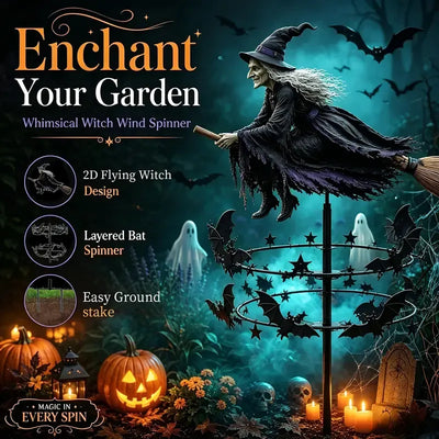 🧙♀️ Halloween Flying Witch Broomstick Windmill Lawn Stake, featuring a double-layer bat spinning design. The ultimate yard decoration — magic comes alive with every breeze, maxing out the party vibes! 🎃