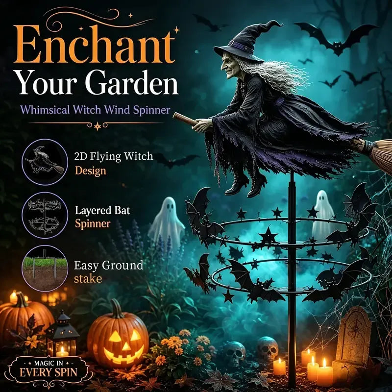 🧙♀️ Halloween Flying Witch Broomstick Windmill Lawn Stake, featuring a double-layer bat spinning design. The ultimate yard decoration — magic comes alive with every breeze, maxing out the party vibes! 🎃