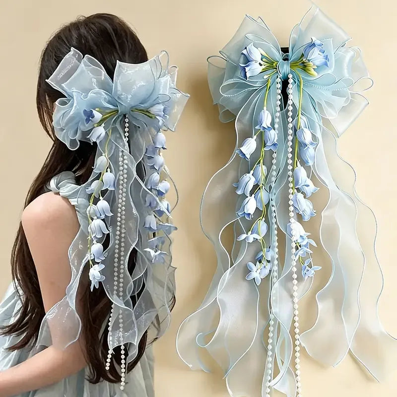 New Organza Bow Hair Clip, Bohemian Long Ribbons, Oversized Gauze Lily-of-the-Valley Pearl Strand, Pastoral Floral Ethereal Charm, Must-have Hair Accessory for Weddings, Hanfu, Parties & Vacations./blue