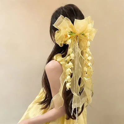 New Organza Bow Hair Clip, Bohemian Long Ribbons, Oversized Gauze Lily-of-the-Valley Pearl Strand, Pastoral Floral Ethereal Charm, Must-have Hair Accessory for Weddings, Hanfu, Parties & Vacations./YELLOW