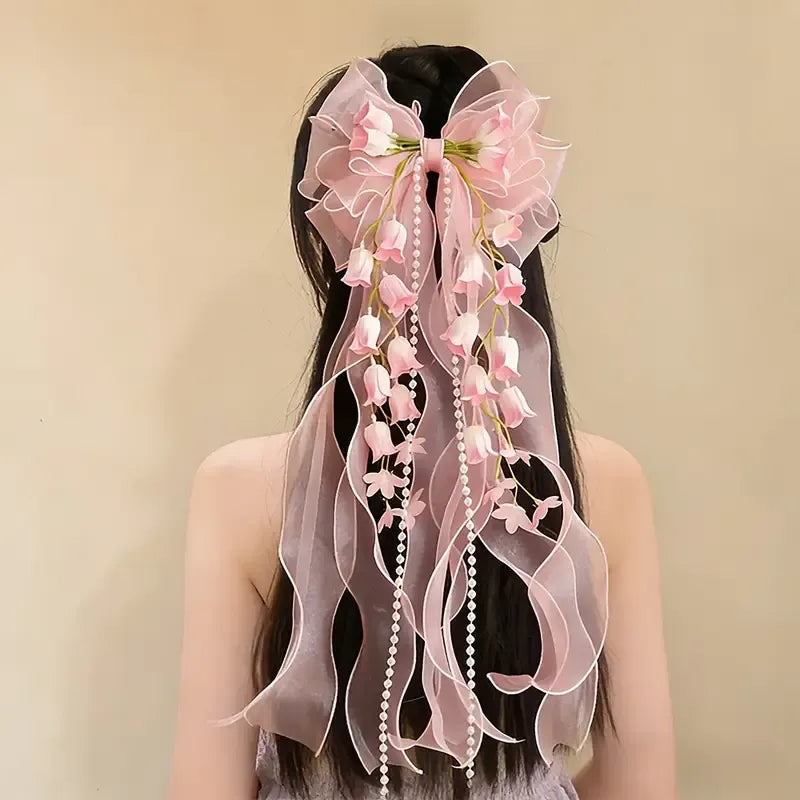 New Organza Bow Hair Clip, Bohemian Long Ribbons, Oversized Gauze Lily-of-the-Valley Pearl Strand, Pastoral Floral Ethereal Charm, Must-have Hair Accessory for Weddings, Hanfu, Parties & Vacations./PINK