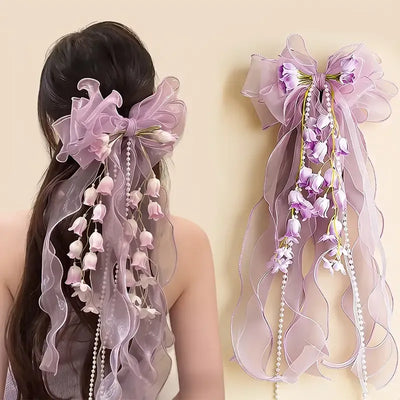 New Organza Bow Hair Clip, Bohemian Long Ribbons, Oversized Gauze Lily-of-the-Valley Pearl Strand, Pastoral Floral Ethereal Charm, Must-have Hair Accessory for Weddings, Hanfu, Parties & Vacations./purple