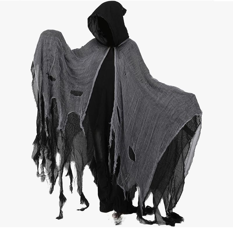 🎃 Halloween Adult Horror Hooded Tattered Cloak! Witch Zombie Reaper Cosplay Robe, Party Ghost Costume, Oversized Floor-Length Cape Maxes Out the Vibes! 👻/grey
