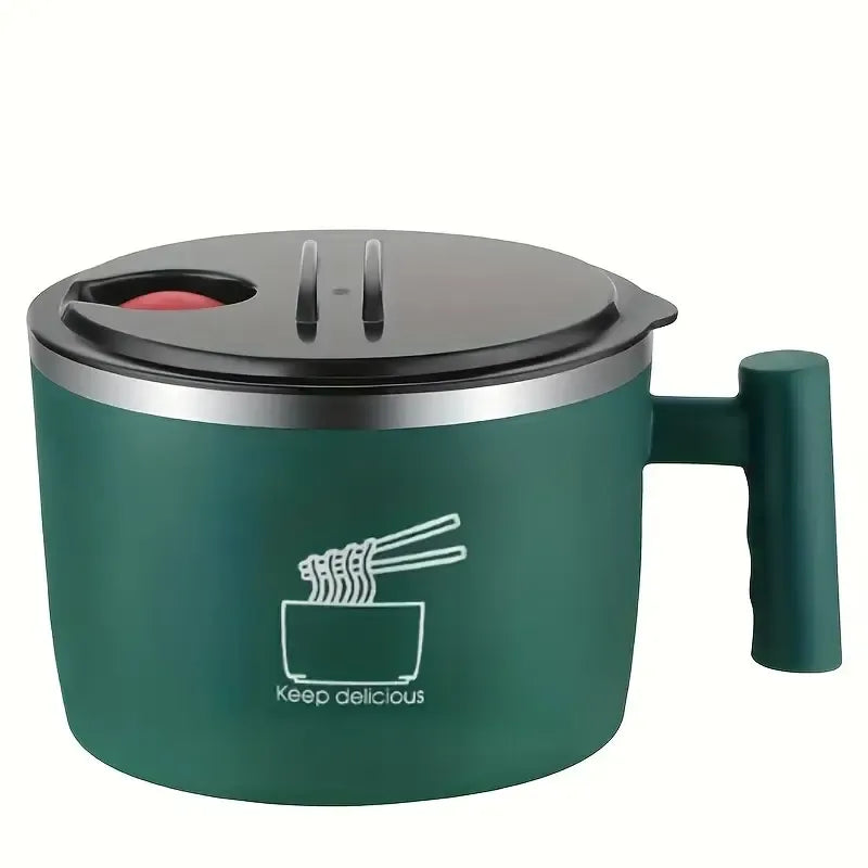 304 Stainless Steel Noodle Bowl: 1000ml Large Capacity, Double-Layer Insulation (No Burns), Leak-Proof Seal with Drainage, Solo Dining, Slow Living./GREEN