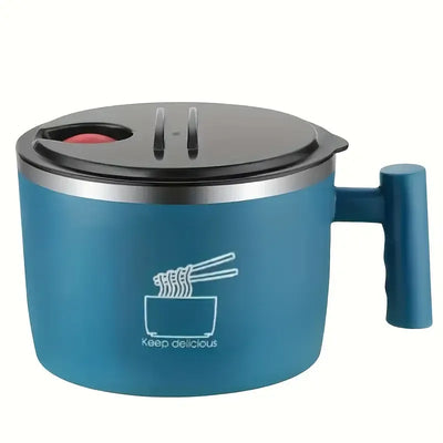 304 Stainless Steel Noodle Bowl: 1000ml Large Capacity, Double-Layer Insulation (No Burns), Leak-Proof Seal with Drainage, Solo Dining, Slow Living./BLUE