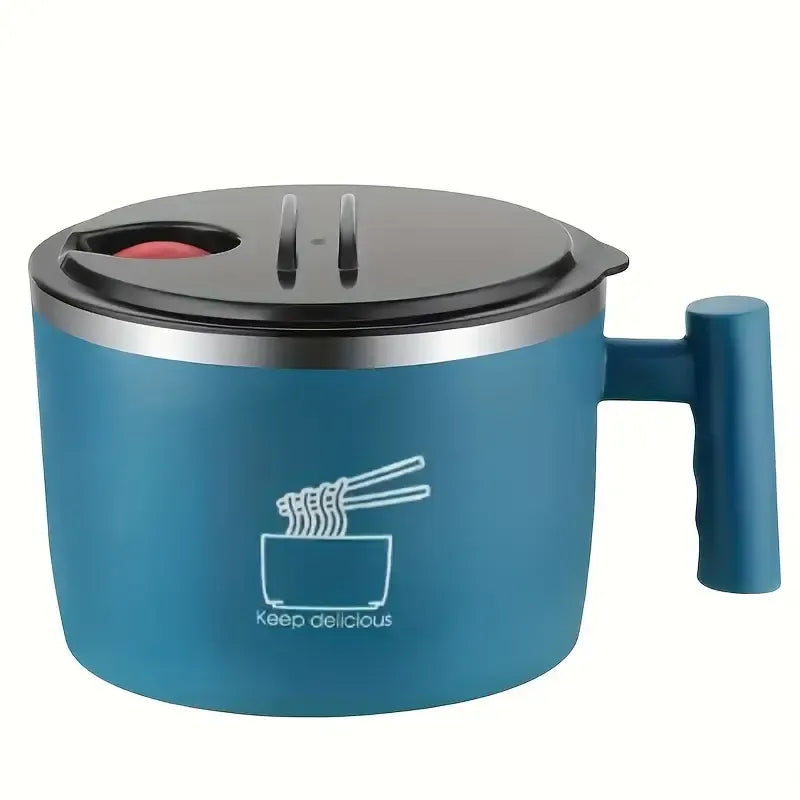 304 Stainless Steel Noodle Bowl: 1000ml Large Capacity, Double-Layer Insulation (No Burns), Leak-Proof Seal with Drainage, Solo Dining, Slow Living./BLUE