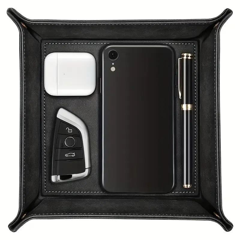 Foldable PU coin tray, minimalist luxury foldable portable, stores desk & entryway items, practical and exquisite!/BLACK