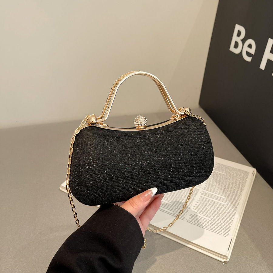 【PU Evening Bag】 Rhinestone-encrusted Gold Handle, Magnetic Snap Closure, Horizontal Oval Clutch, Lightweight & Portable – Top Choice for Weddings & Parties./BLACK