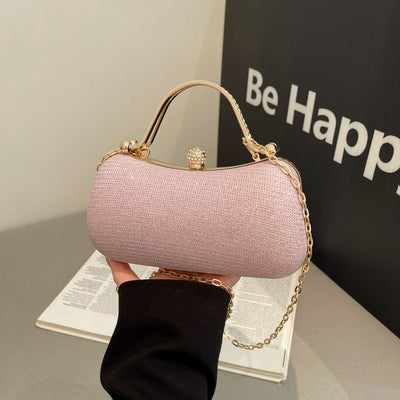【PU Evening Bag】 Rhinestone-encrusted Gold Handle, Magnetic Snap Closure, Horizontal Oval Clutch, Lightweight & Portable – Top Choice for Weddings & Parties./PINK