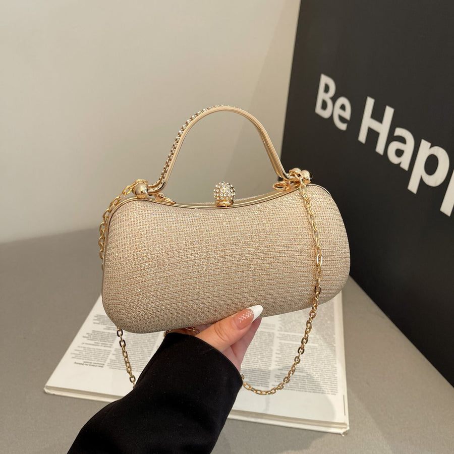 【PU Evening Bag】 Rhinestone-encrusted Gold Handle, Magnetic Snap Closure, Horizontal Oval Clutch, Lightweight & Portable – Top Choice for Weddings & Parties./golden