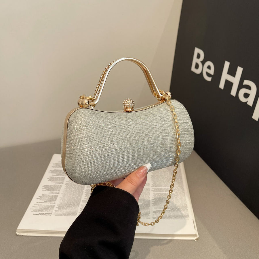 【PU Evening Bag】 Rhinestone-encrusted Gold Handle, Magnetic Snap Closure, Horizontal Oval Clutch, Lightweight & Portable – Top Choice for Weddings & Parties./silver
