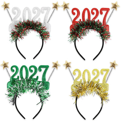4PCS 2027 New Year Glitter Headbands: Glitter Numbers with Star Antennas, Available in Red, Green, Gold, and Silver, Lightweight and Eye-Catching Party Essentials.