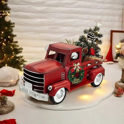 Vintage Metal Red Christmas Truck Decoration | Warm White Twinkling Lights, Carrying a Christmas Tree & Wreath, Perfect Desktop or Mantel Holiday Décor
