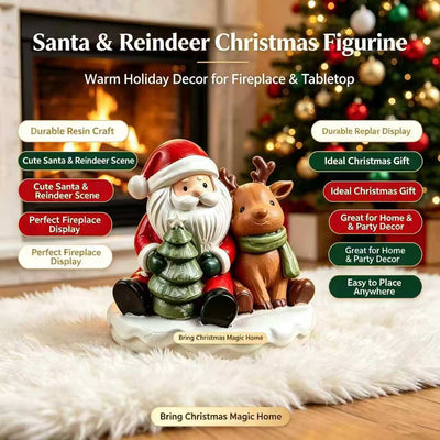 Santa & Reindeer Resin Figurine, Double-Sided Festive Tabletop Decoration