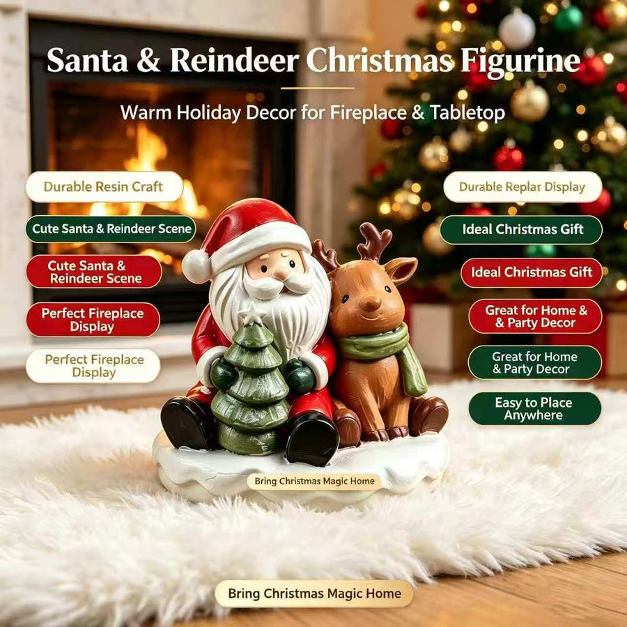 Santa & Reindeer Resin Figurine, Double-Sided Festive Tabletop Decoration