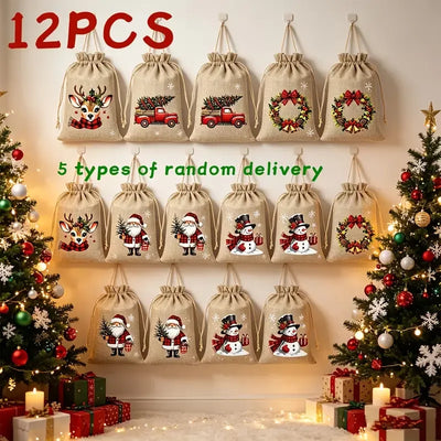 Christmas Jute Drawstring Gift Bags, Pack of 12, 5 Random Themes, Perfect for Gifts and Decorations