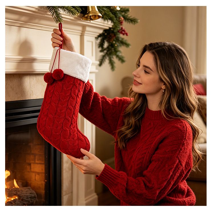 Knitted Double Pom-Pom Christmas Stocking, Cable Knit Texture Plush Cuff, Perfect for Both Decoration and Storage./RED