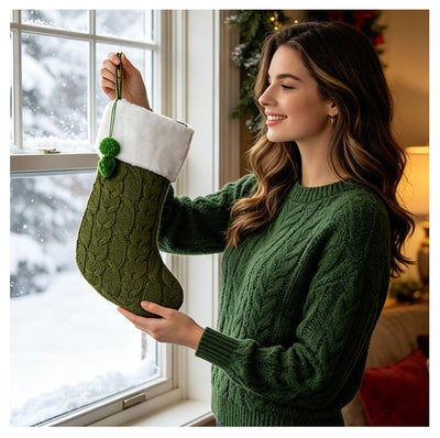 Knitted Double Pom-Pom Christmas Stocking, Cable Knit Texture Plush Cuff, Perfect for Both Decoration and Storage./GREEN