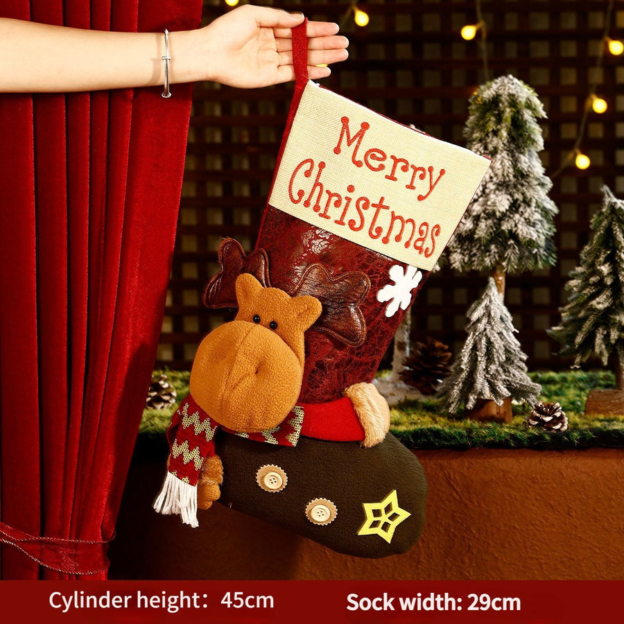 Fluffy plush fabric, 3D appliqués, full of festive charm. Height 45-47cm, holds candies and gifts, decorates Christmas trees and fireplaces, filling the room with Christmas magic./Button elk