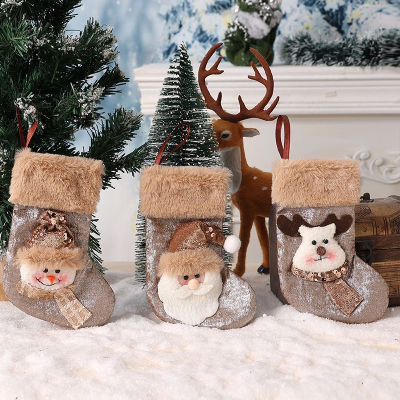 Brown Mini Christmas Stocking Set of 3, Reindeer Snowman Santa Styles, Cute Little Ornament Holiday Essential