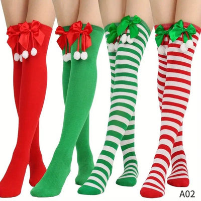 Christmas Over-the-Knee Socks, Handmade Polyester-Cotton Bows, Sweet & Warm Holiday Outfit. 4-Pack A02 Combo Set