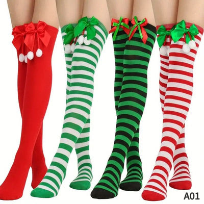 Christmas Over-the-Knee Socks, Handmade Polyester-Cotton Bows, Sweet & Warm Holiday Outfit. 4-Pack A01 Combo Set