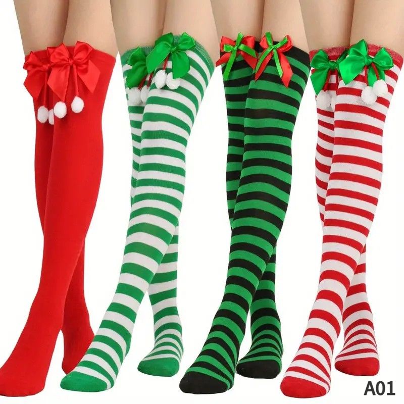 Christmas Over-the-Knee Socks, Handmade Polyester-Cotton Bows, Sweet & Warm Holiday Outfit. 4-Pack A01 Combo Set
