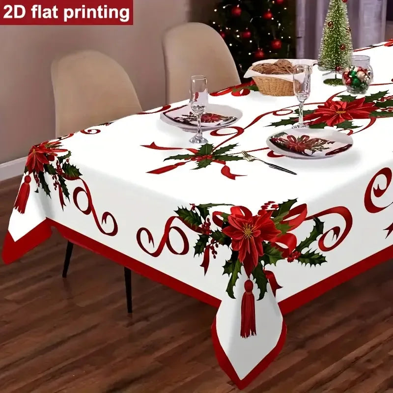 Polyester Christmas Tablecloth, Red and Green Floral Vintage Print Holiday Dec(140*180CM/55*71IN)