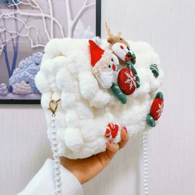 Christmas Plush Cartoon Handbag Crossbody Bag, 3D Appliqués Pearl Chain, Sweet Practical Holiday Essential/ivory