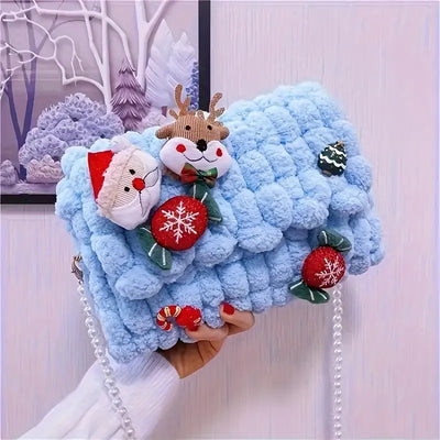 Christmas Plush Cartoon Handbag Crossbody Bag, 3D Appliqués Pearl Chain, Sweet Practical Holiday Essential./BLUE