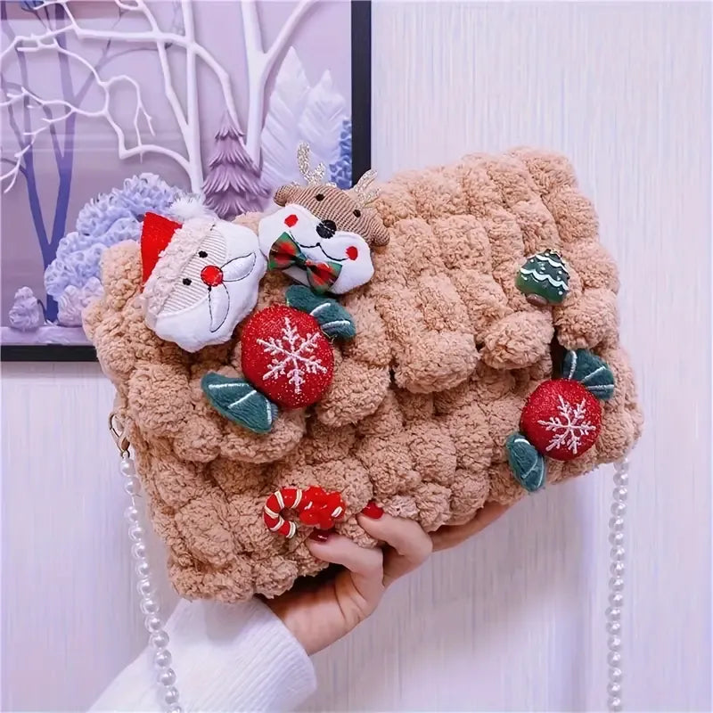 Christmas Plush Cartoon Handbag Crossbody Bag, 3D Appliqués Pearl Chain, Sweet Practical Holiday Essential./khaki