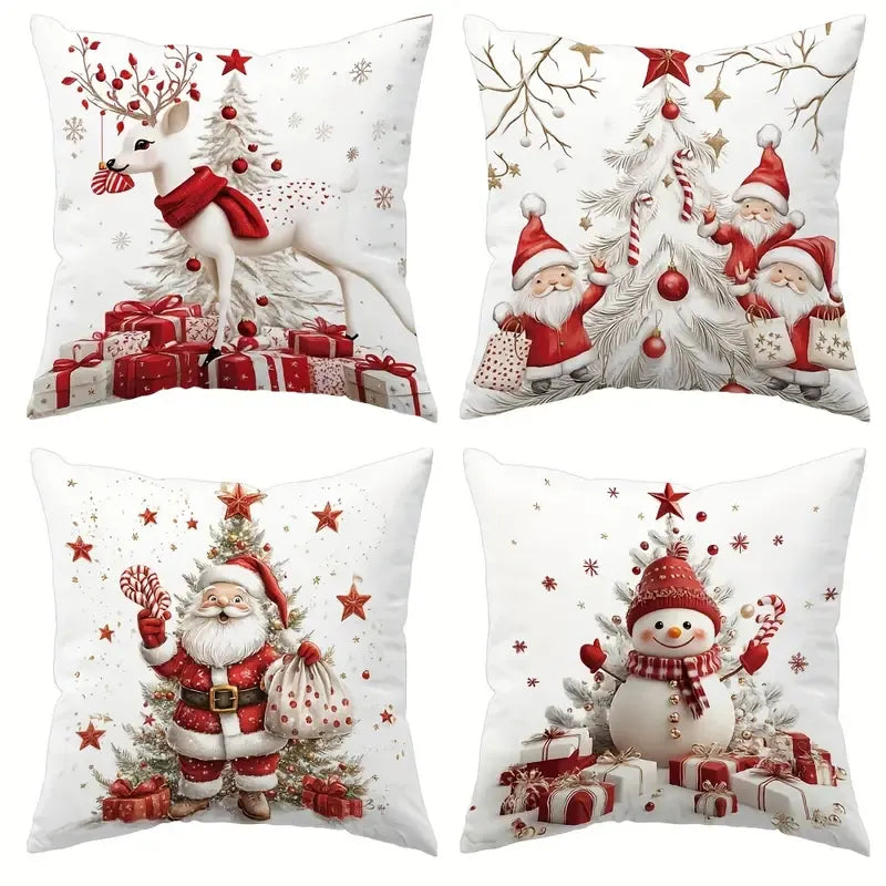 Christmas Linen Pillow Cover 4-Piece Set, Snowman Santa Tree Design, 45cm Square No Insert, Zipper Easy Wash.