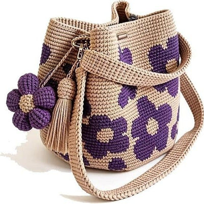 Hand crocheted flower tote bag, beige and brown color scheme with three-dimensional yellow flowers and tassels, can be worn as shoulder bag, crossbody bag, or carried by hand, the perfect choice for everyday outings with a stylish vibe./purple