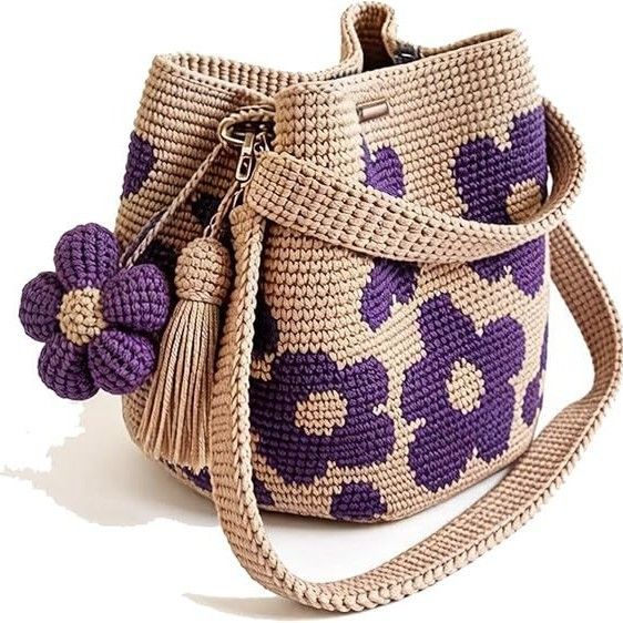 Hand crocheted flower tote bag, beige and brown color scheme with three-dimensional yellow flowers and tassels, can be worn as shoulder bag, crossbody bag, or carried by hand, the perfect choice for everyday outings with a stylish vibe./purple