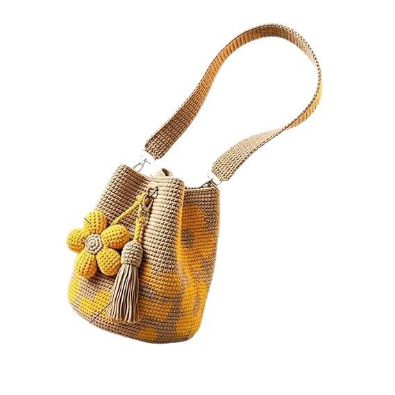 Hand crocheted flower tote bag, can be worn as shoulder bag, crossbody bag, or carried by hand, the perfect choice for everyday outings with a stylish vibe./YELLOW