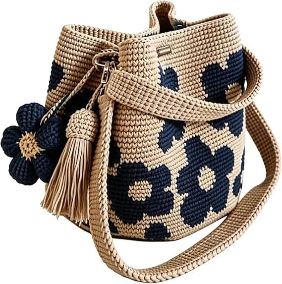 Hand crocheted flower tote bag, can be worn as shoulder bag, crossbody bag, or carried by hand, the perfect choice for everyday outings with a stylish vibe./BLUE