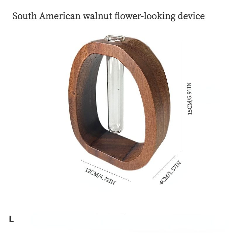 South American Walnut Wangshu Flower Vase: Natural Solid Wood Hand Polished, Ring Design with Glass Tube, Suitable for Fresh Cut and Hydroponic Plants, Space Aesthetic Accent/L SIZE