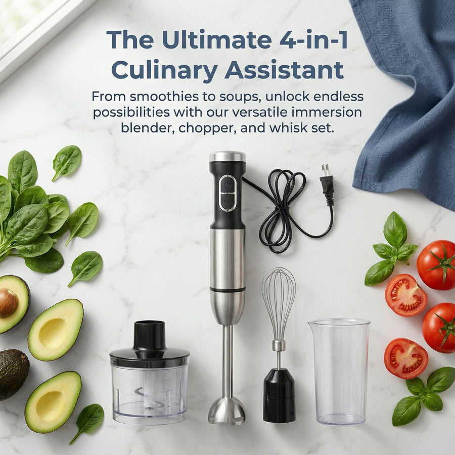 4-in-1 Hand Blender, Blends, Chops, Whisks, and Grinds All in One Machine, 25-Speed Adjustment with TURBO Boost, Splash-Proof and Easy to Disassemble and Clean – Your All-in-One Kitchen Partner.