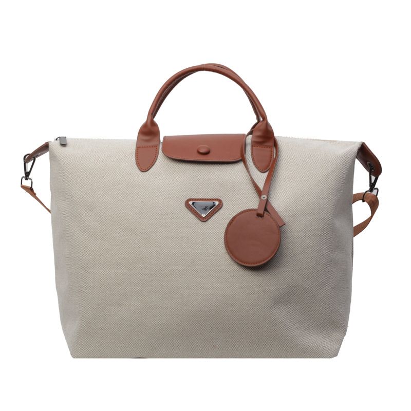 【Canvas Large-Capacity Tote Bag】 Faux Leather Trim Triangular Nameplate, Hidden Magnetic Snap Smooth Zipper, Multi-Way Wear Versatile for Commuting & Travel, Lightweight Storage./brown