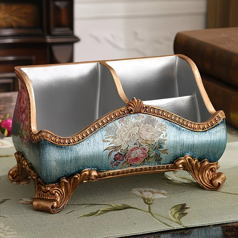 Natural Resin European Storage Box, Hand-Painted with Blooming Flowers – A Practical Storage Container and a Romantic Home Art Piece./Blue wood grain-0