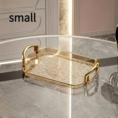 Water Ripple Double-Ear Tray: PET One-Piece Molded, Smooth & Easy to Clean, Gold/Silver Edge Thickened Double Ears, Small Size, Light Luxury & Multi-Purpose Storage/Phnom Penh (amber gold)