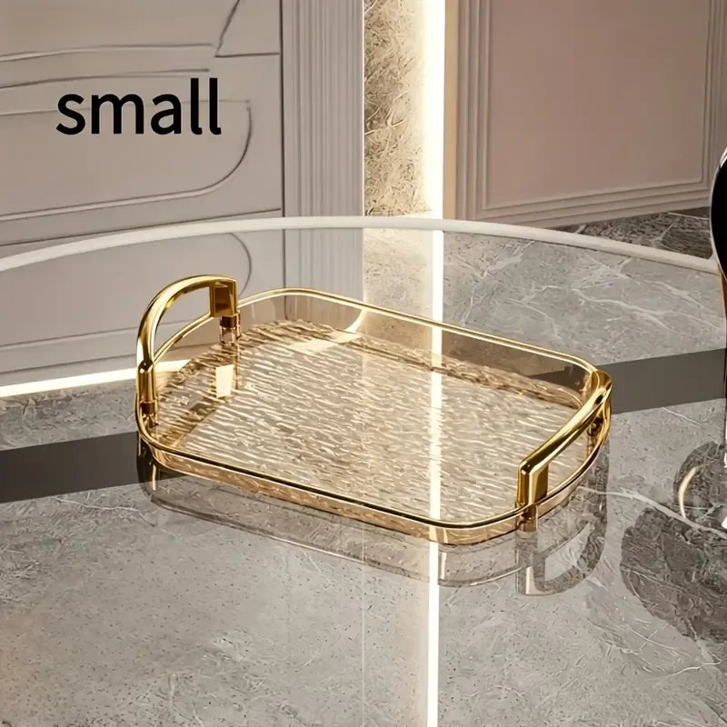 Water Ripple Double-Ear Tray: PET One-Piece Molded, Smooth & Easy to Clean, Gold/Silver Edge Thickened Double Ears, Small Size, Light Luxury & Multi-Purpose Storage/Phnom Penh (amber gold)
