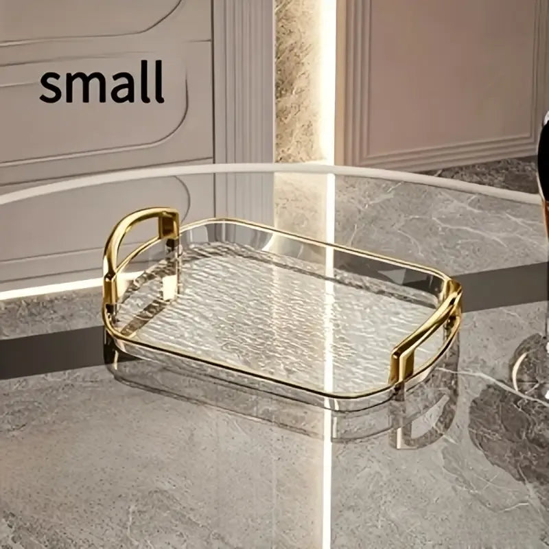Water Ripple Double-Ear Tray: PET One-Piece Molded, Smooth & Easy to Clean, Gold/Silver Edge Thickened Double Ears, Small Size, Light Luxury & Multi-Purpose Storage/Phnom Penh transparent ash