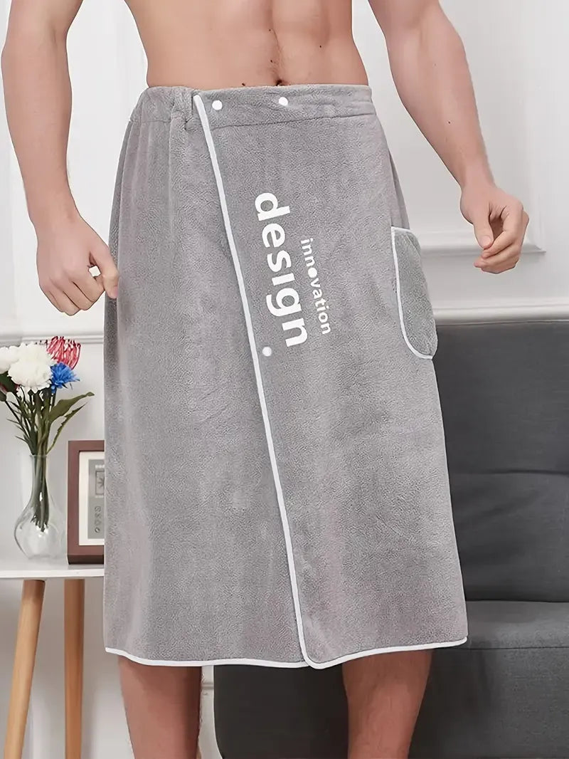 Men's Coral Fleece Wearable Bath Skirt, Embroidered Design Soft & Quick-Dry, Snap Button & Drawstring Anti-Slip, Essential for Home Bathing & Relaxation