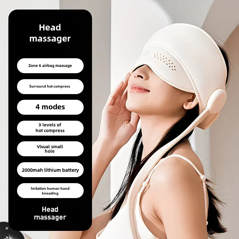 6-Zone Airbag Heat Therapy Head & Eye Massager: Precise Kneading Relaxes Neck and Head, Three-Level Constant Warmth Aids Sleep, Four Modes Switch Freely