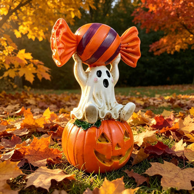 Halloween Resin Ghost Pumpkin Figurine: Little Ghost Sitting on Pumpkin with Candy on Head, Vintage Distressed Finish, Cute and Full of Character, Perfect for Desktops and Party Vibes.Ghost candy pumpkin-old style