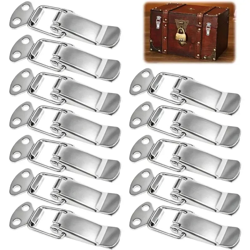 Stainless steel hasps 12-pack, precision spring polished edges, perfect partner for secure vintage box locking!